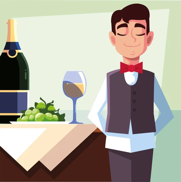 Επαγγελματικό σερβιτόρος κρατώντας μπουκάλι κρασί — Διανυσματικό Αρχείο