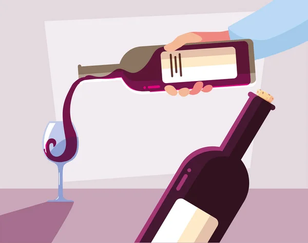 Mains tenant une bouteille et un verre de vin — Image vectorielle