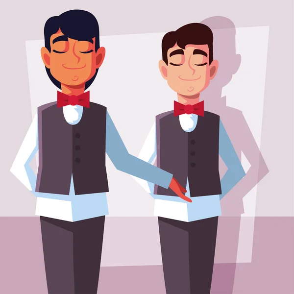 Men waiters with uniform in different poses — ストックベクタ