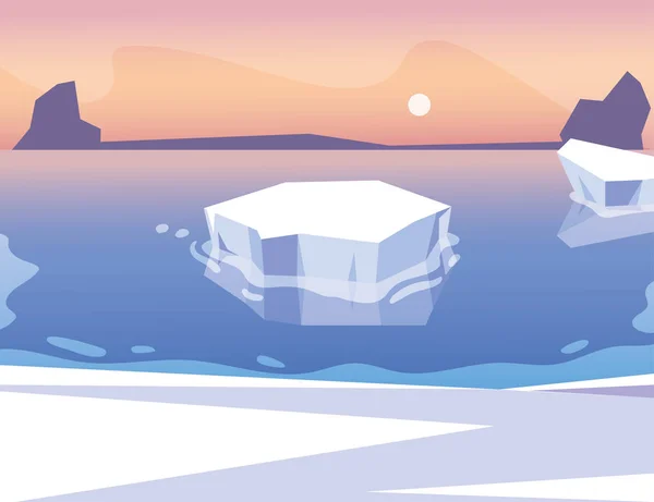 Iceberg flutuando no oceano azul com sol no céu — Vetor de Stock