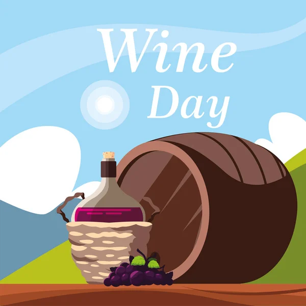 Botella de vino en la cesta de mimbre, etiqueta día del vino — Vector de stock