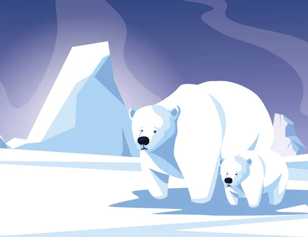 Niedźwiedź polarny z młode w zimowym krajobrazie, matka i dziecko — Wektor stockowy