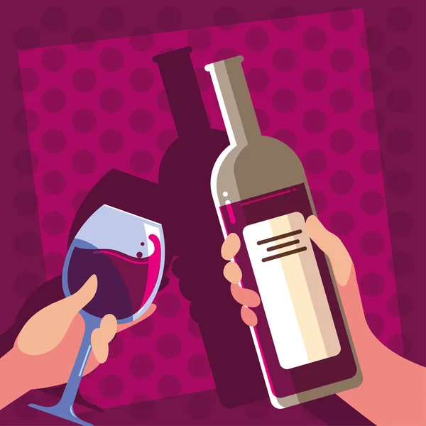 Χέρια που κρατούν ένα μπουκάλι και ένα ποτήρι κρασί — Διανυσματικό Αρχείο