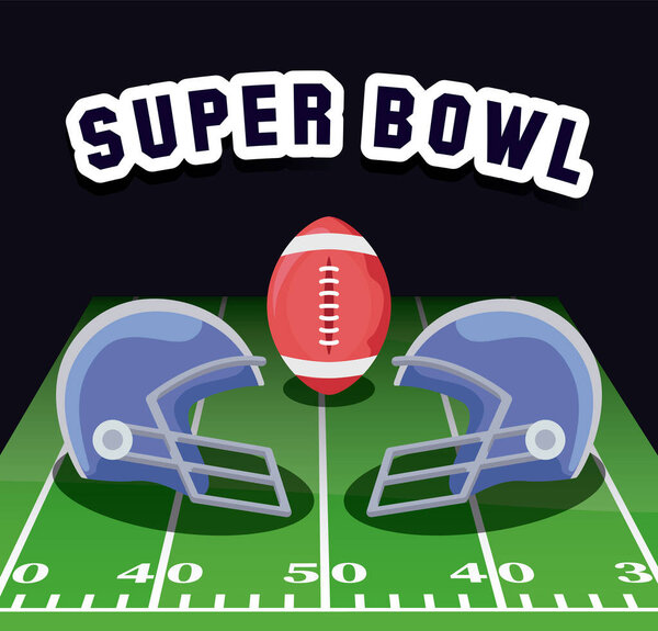 Super bowl helmets and ball over field vector design