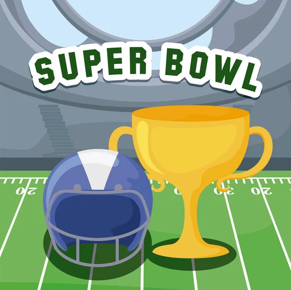 Super bowl helmet and trophy over field vector design — ストックベクタ