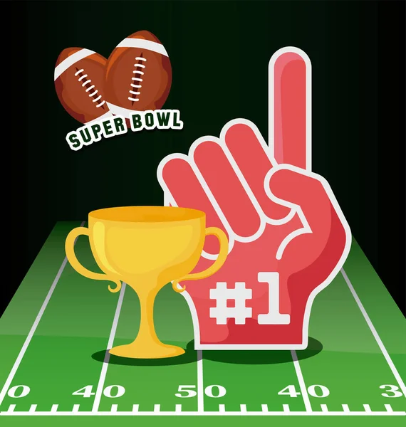 Super bowl trophy and glove over field vector design — ストックベクタ