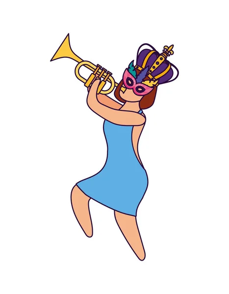 Mujer con mardi gras máscara corona y trompeta vector diseño — Archivo Imágenes Vectoriales