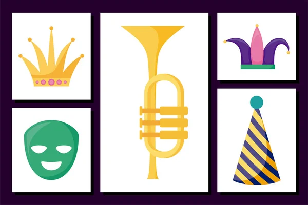 Icono aislado mardi gras conjunto dentro de marcos diseño vectorial — Archivo Imágenes Vectoriales