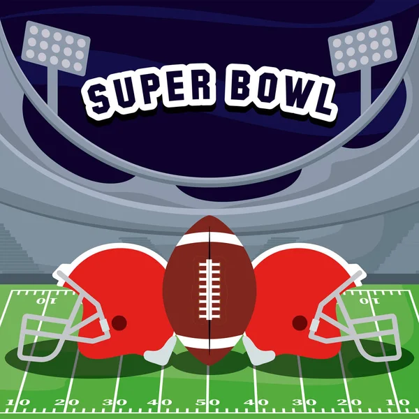 Super Bowl cascos y bola sobre diseño de vectores de campo — Vector de stock