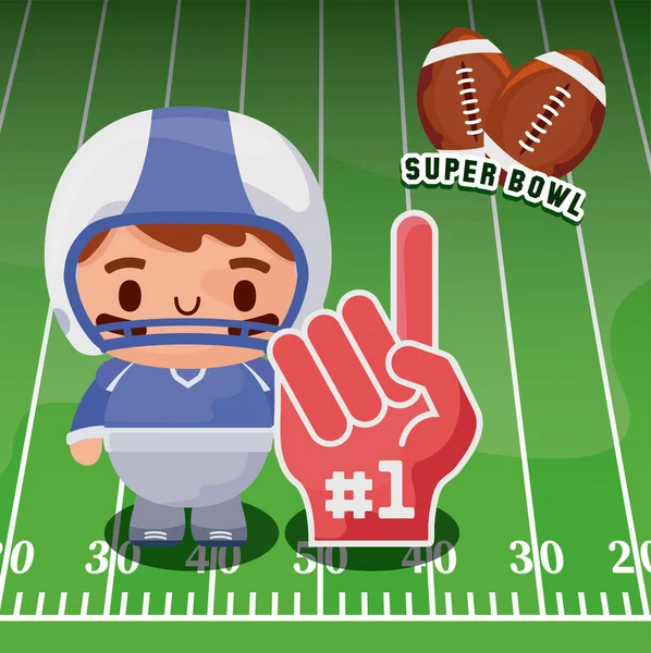 Super bowl player cartoon and glove over field vector design