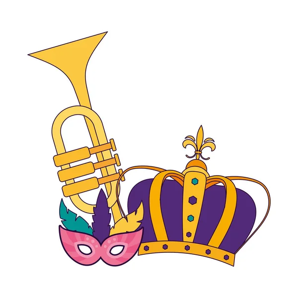 Mardi gras aislado corona máscara y trompeta vector diseño — Archivo Imágenes Vectoriales