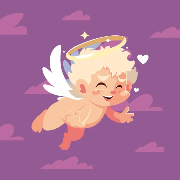 Feliz San Valentín rubio Cupido dibujos animados y nubes vector de diseño — Archivo Imágenes Vectoriales