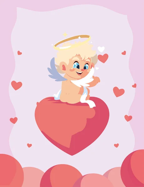Happy Valentines blond Cupidon dessin animé sur la conception de vecteur de coeur — Image vectorielle