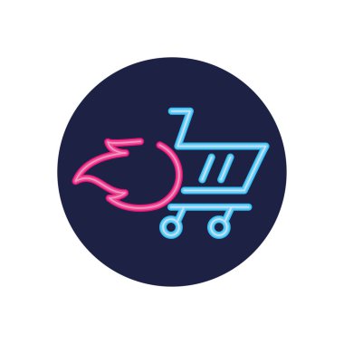 Alev vektör tasarımlı izole neon alışveriş arabası