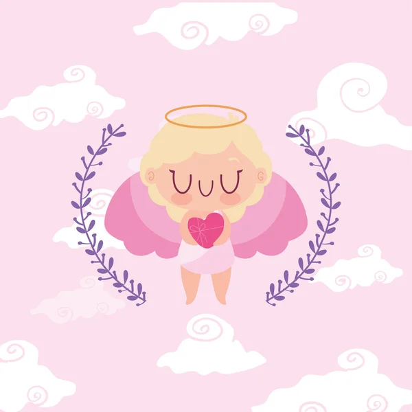 Happy valentines blond cupid cartoon and leaves wreath vector design — 스톡 벡터