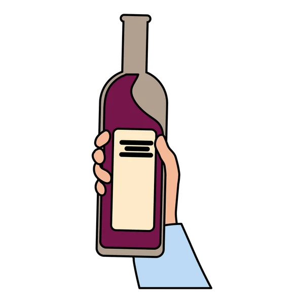 Main tenant une bouteille de vin sur fond blanc — Image vectorielle