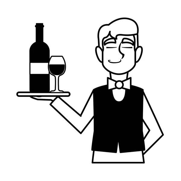 Homem garçom segurando bandeja com vinho garrafa no fundo branco —  Vetores de Stock