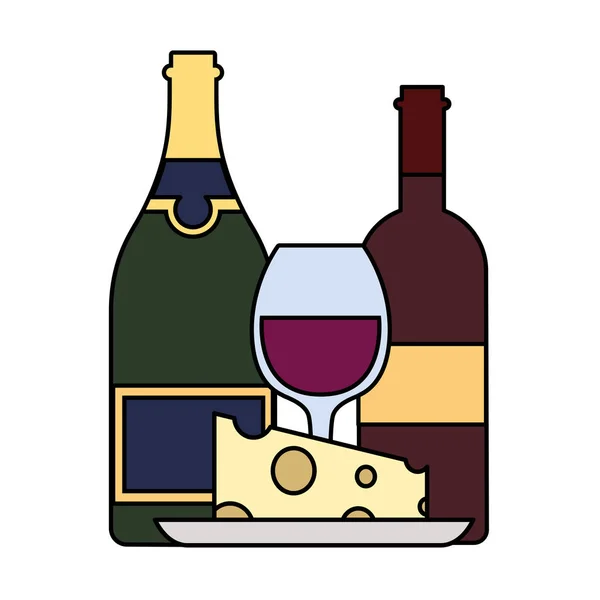 Φιάλη και ποτήρι κρασί με κομμάτι τυρί — Διανυσματικό Αρχείο