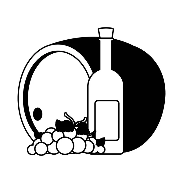 Botella y copa de vino con barril sobre fondo blanco — Vector de stock