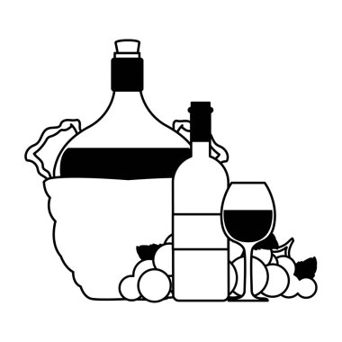 bottle of wine in wicker basket on white background