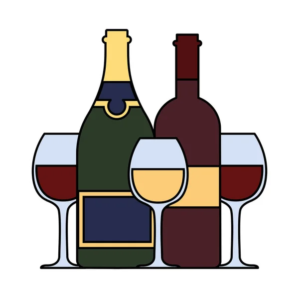 Set di bottiglia di vino con bicchiere da vino su sfondo bianco — Vettoriale Stock