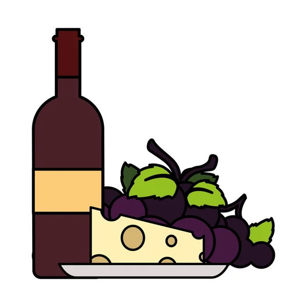 Bouteille de vin avec fromage et raisins sur fond blanc — Image vectorielle