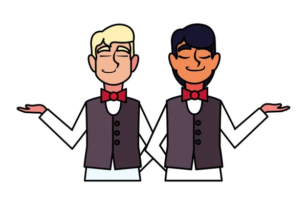 Hombres camareros con uniforme en diferentes poses — Archivo Imágenes Vectoriales