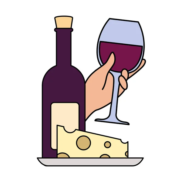 Bottle and glass of wine with piece of cheese — 스톡 벡터