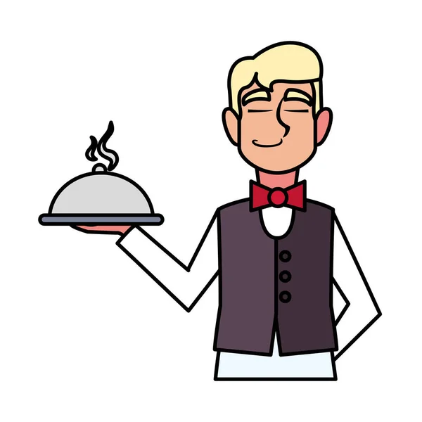 Man waiter holding tray on white background — 스톡 벡터