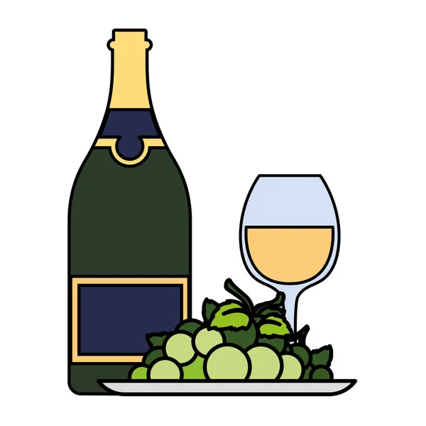 Μπουκάλι και ποτήρι κρασί με σταφύλια — Διανυσματικό Αρχείο