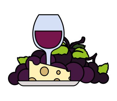 wine glass with grapes and cheese portion on white background