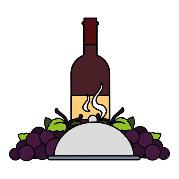 Botella de vino con uvas y bandeja servidor sobre fondo blanco — Vector de stock