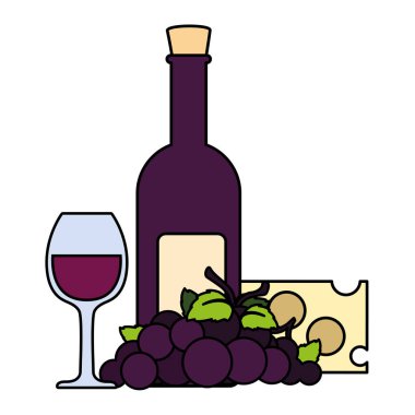 bottle and glass of wine with piece of cheese and grapes