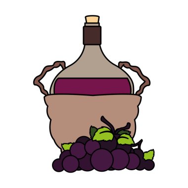 bottle of wine in wicker basket and grapes on white background