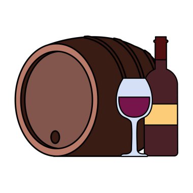 bottle and glass of wine with barrel on white background