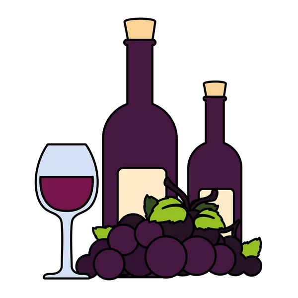 Botella y copa de vino con uvas — Vector de stock