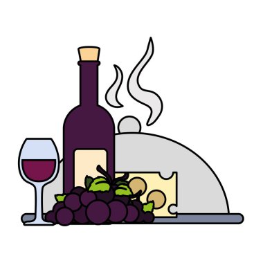 bottle wine with piece of cheese and tray server on white background