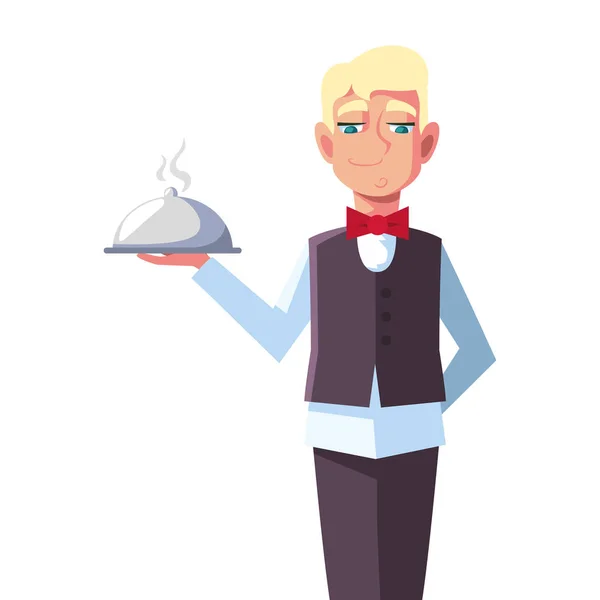 Man waiter holding tray on white background — 스톡 벡터