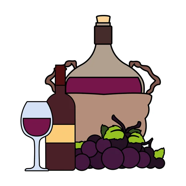 Bottle of wine in wicker basket and grapes on white background — 스톡 벡터