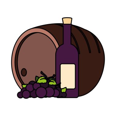 bottle and glass of wine with barrel on white background