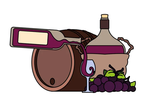 Bottle and glass of wine with barrel on white background — 图库矢量图片