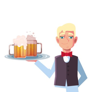 man waiter holding tray beer glasses on white background