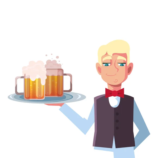 Man waiter holding tray beer glasses on white background — Stok Vektör
