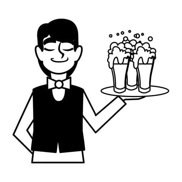 Человек официант держа бокалы пива на белом фоне — стоковый вектор