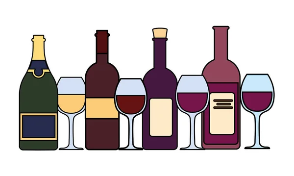 Juego de botella de vino con vino sobre fondo blanco — Vector de stock