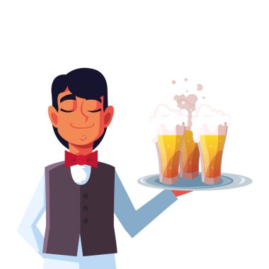 man waiter holding tray beer glasses on white background
