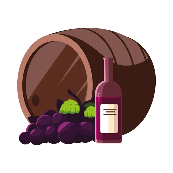 Bottle and glass of wine with barrel on white background — Stock Vector