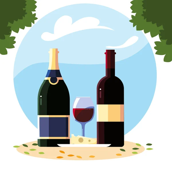 Fles en glas wijn met achtergrond landschap — Stockvector
