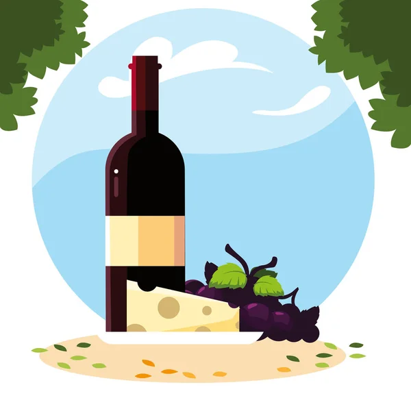 Wine bottle with cheese and grapes — 스톡 벡터
