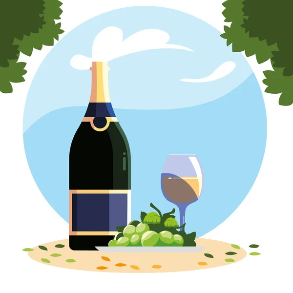 Flaska och glas vin med druvor — Stock vektor